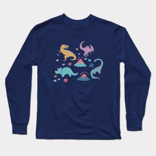 Dinosaur Pattern with Flowers and Volcanoes Long Sleeve T-Shirt